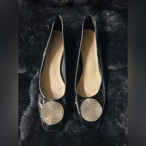 Elegant Black block heel with Gold Accents